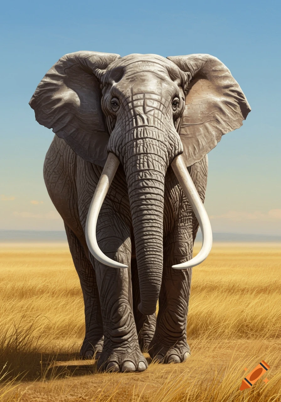 A majestic, front-facing elephant with large tusks stands in a sunlit grassy savanna against a clear blue sky.