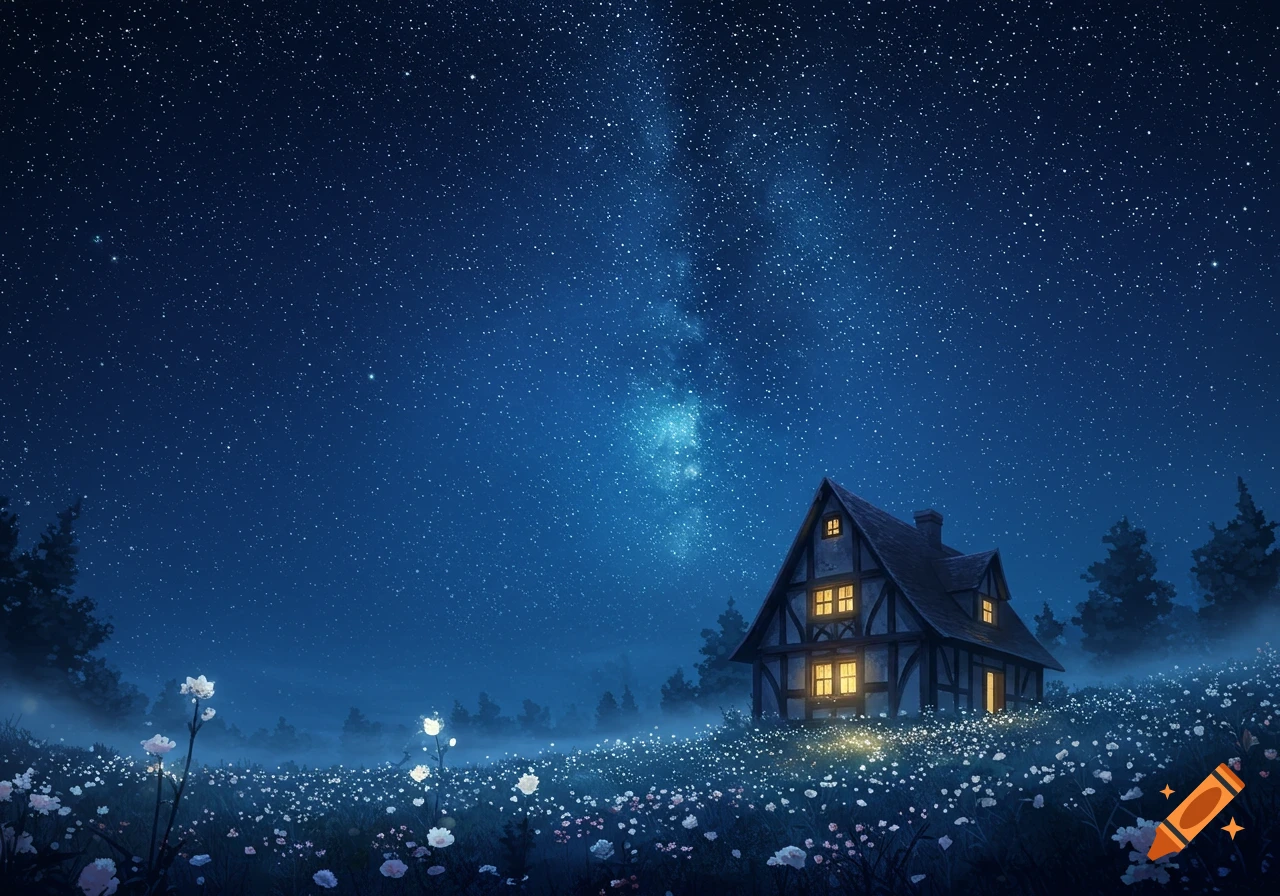 A charming half-timbered house in a misty field of glowing white flowers under a breathtaking, star-filled blue night sky.