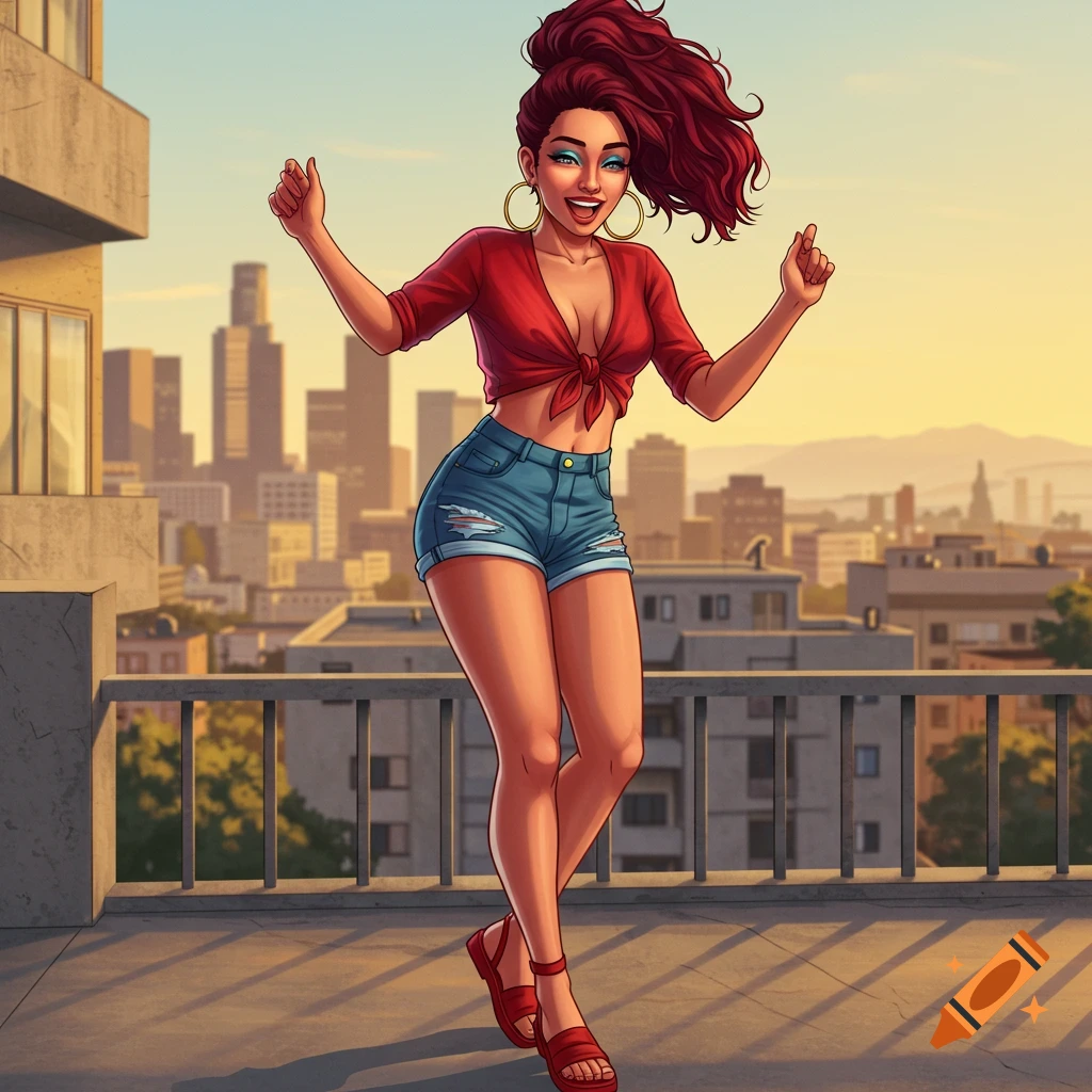 A happy, cartoon-style woman with maroon hair, red crop top, and denim shorts dances on a city rooftop at sunset.