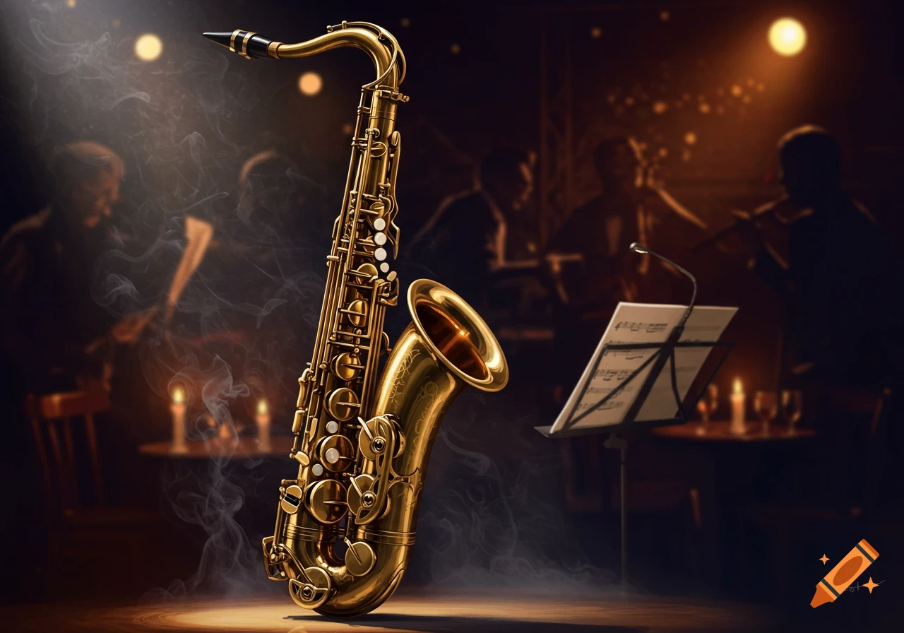 A golden tenor saxophone stands illuminated by a spotlight in a smoky, dimly lit jazz club with blurred musicians in the background.