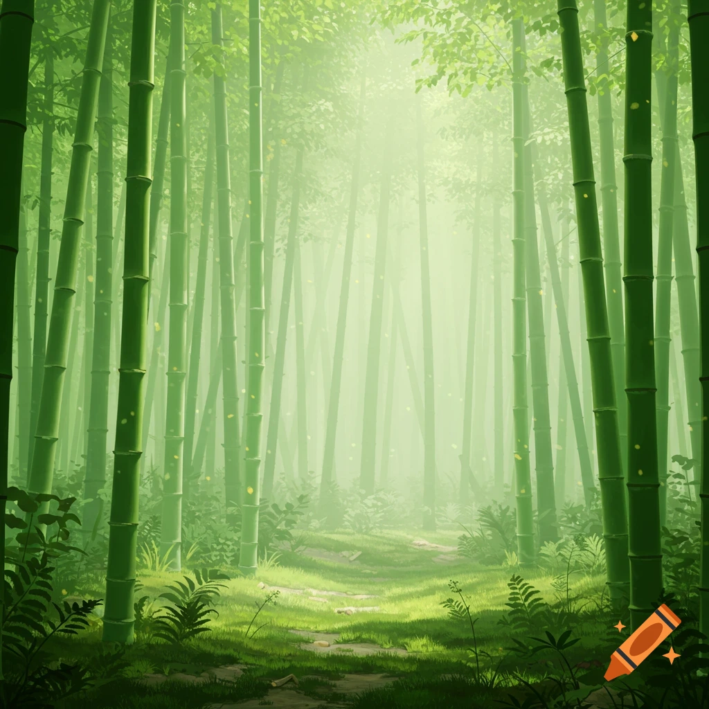 A lush, bright green bamboo forest with a path winding through mist and sunlight.