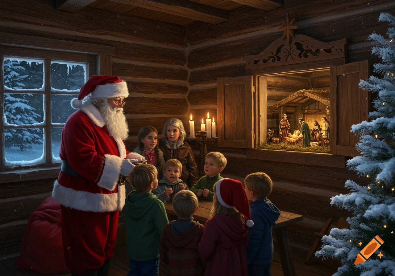 Santa Claus and children in a log cabin gaze at a nativity scene displayed in a window, with a snowy night outside.