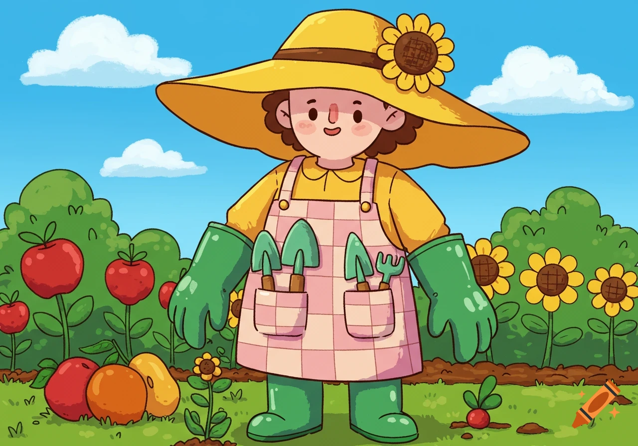 A cartoon gardener wearing a wide-brimmed hat, overalls, and green gloves, standing in a vibrant garden filled with plants and flowers.