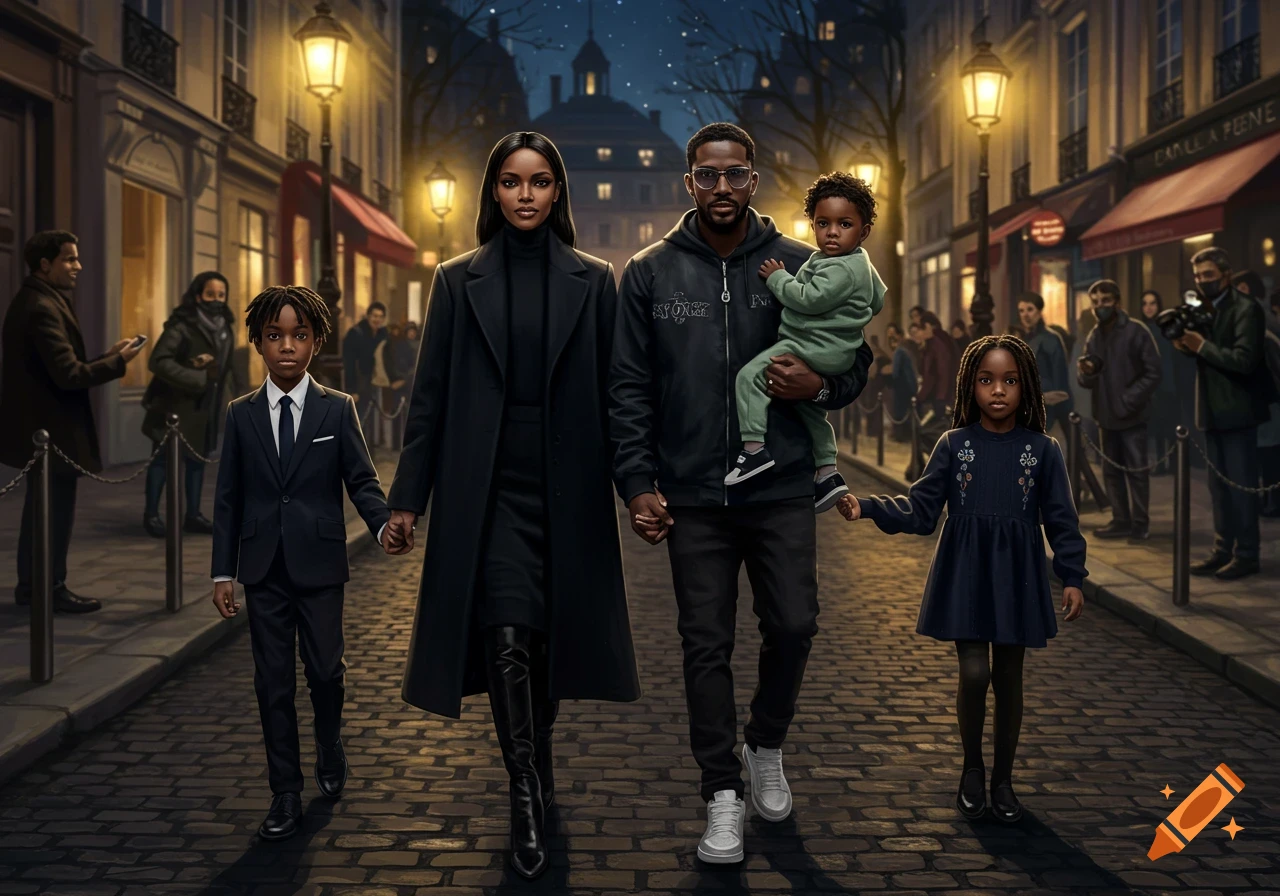 A well-dressed family of four walks down a cobbled street in Paris at night, lit by ornate street lamps.