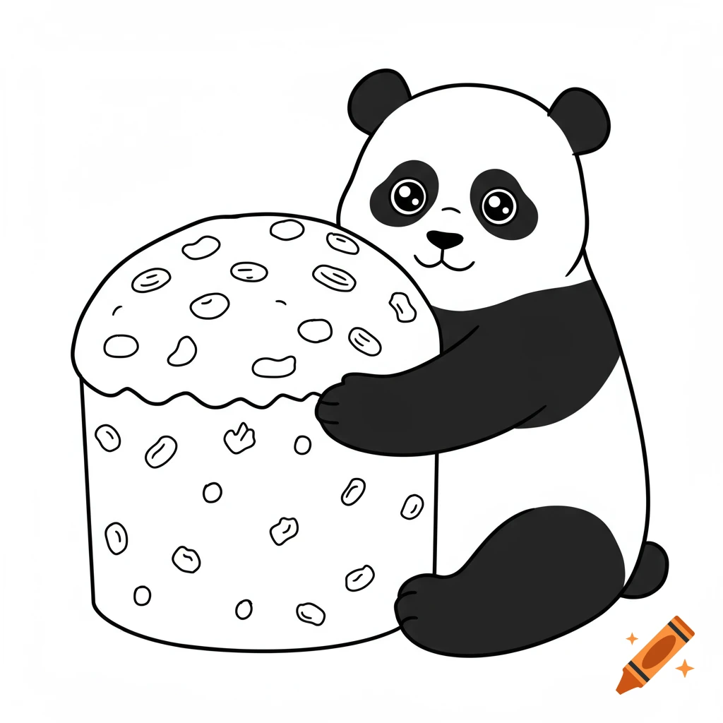 Black and white cartoon panda hugging a large panettone-like cake, in a coloring book style.