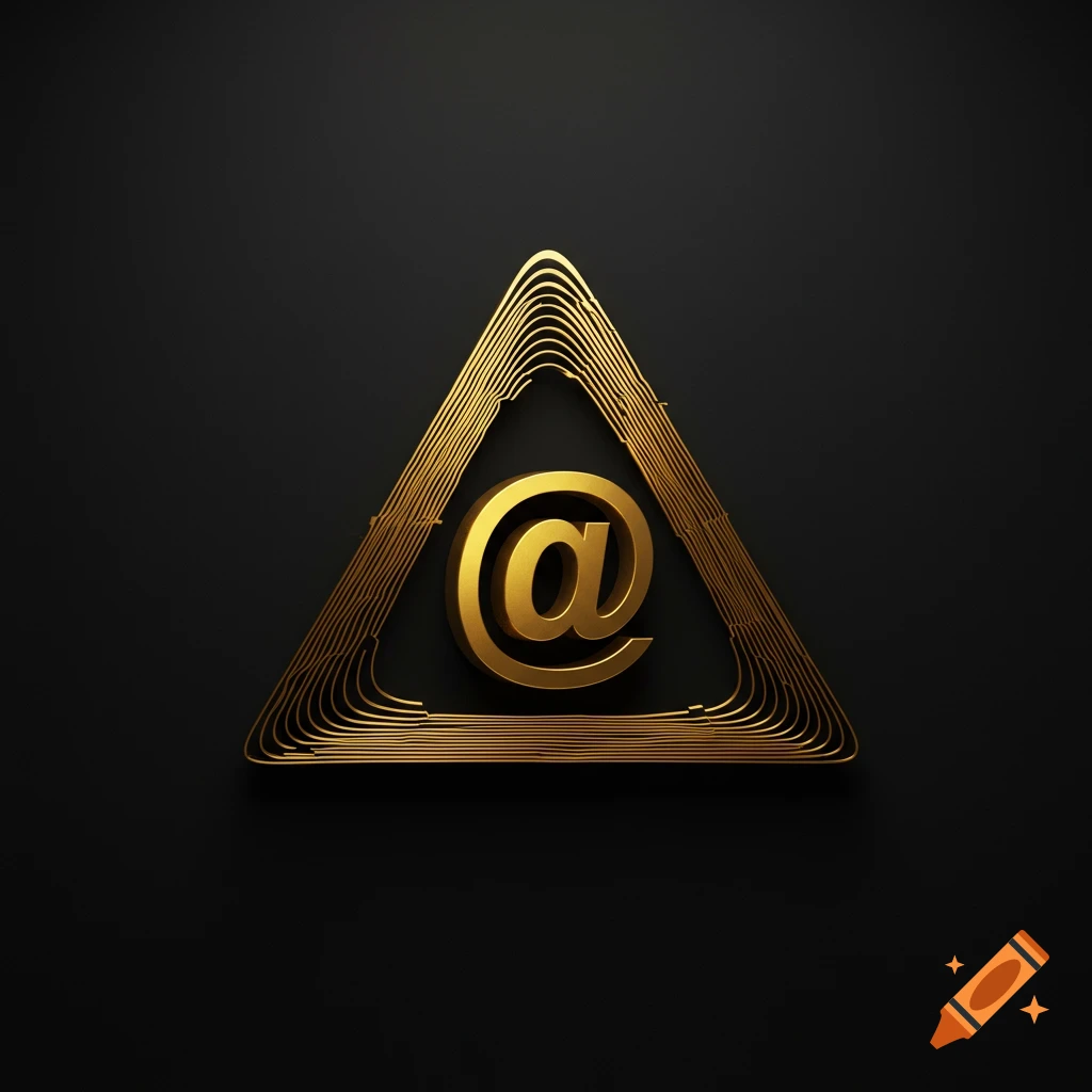 A golden '@' symbol sits within a layered, golden wireframe triangle on a dark, minimalist background.