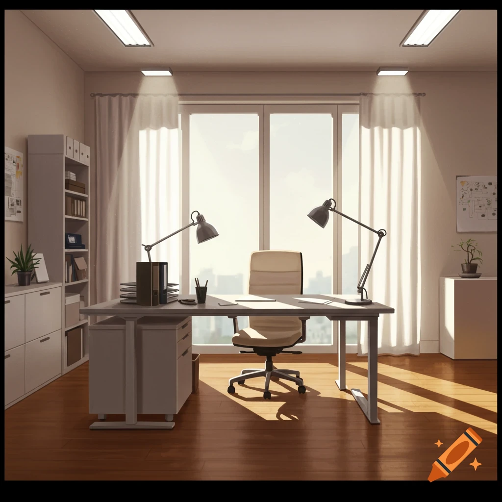 A bright, modern office interior with a desk, executive chair, and two lamps in front of a large window, bathed in sunlight.