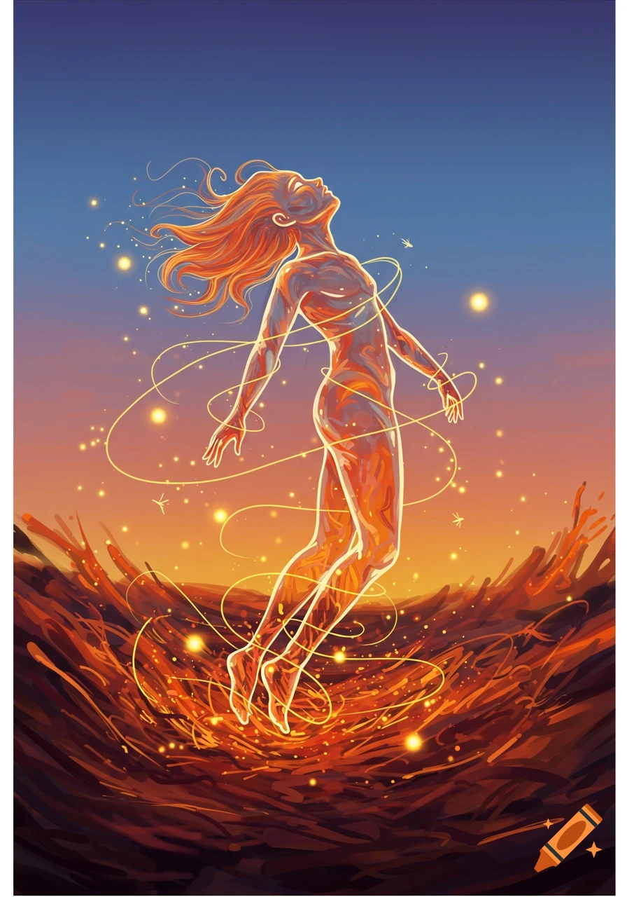 A vibrant, stylized illustration of a glowing, ethereal figure rising from swirling orange energy into a gradient sky.