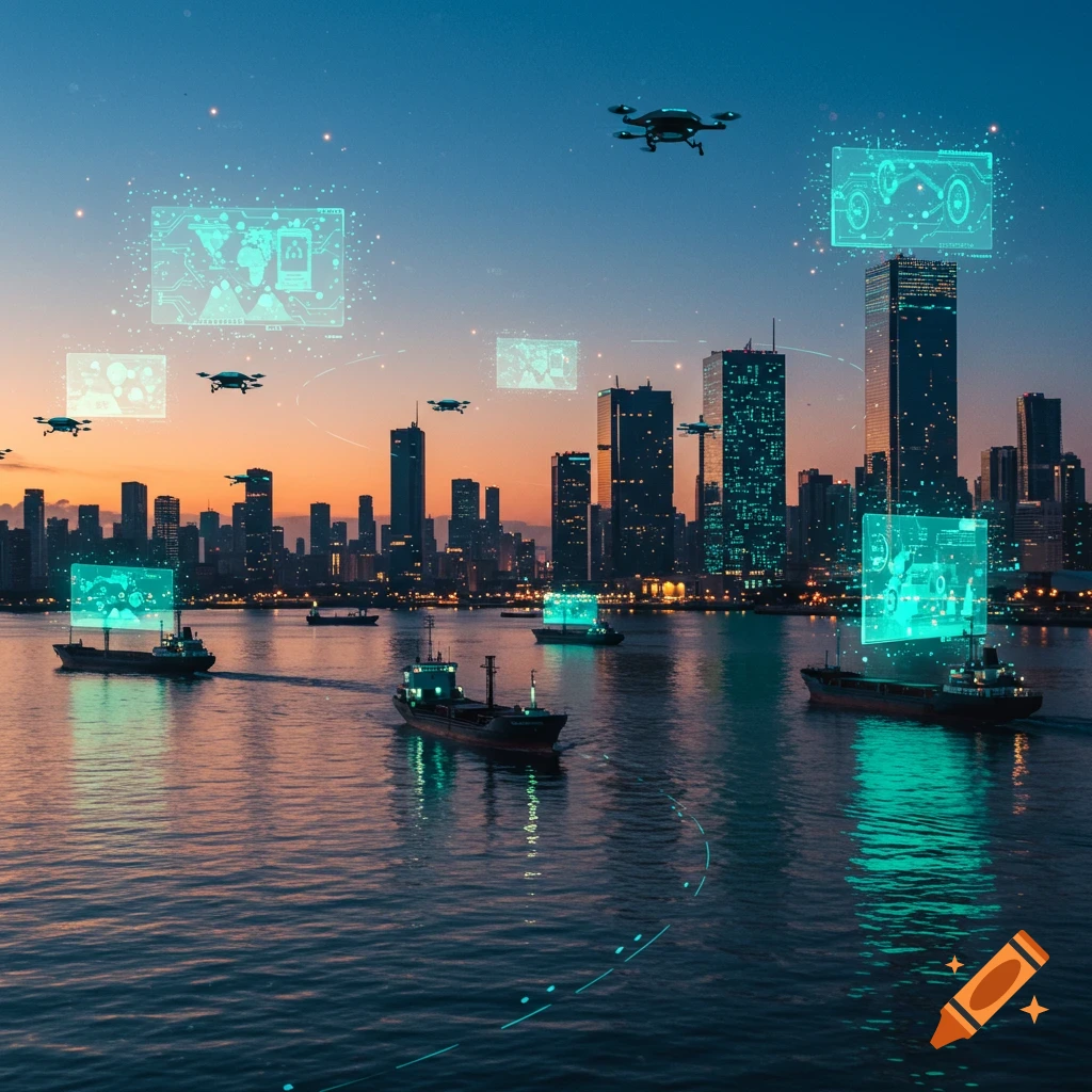 Photorealistic image of a futuristic port city at dusk, with cargo ships on water, drones flying, and glowing holographic AI interfaces displaying data.