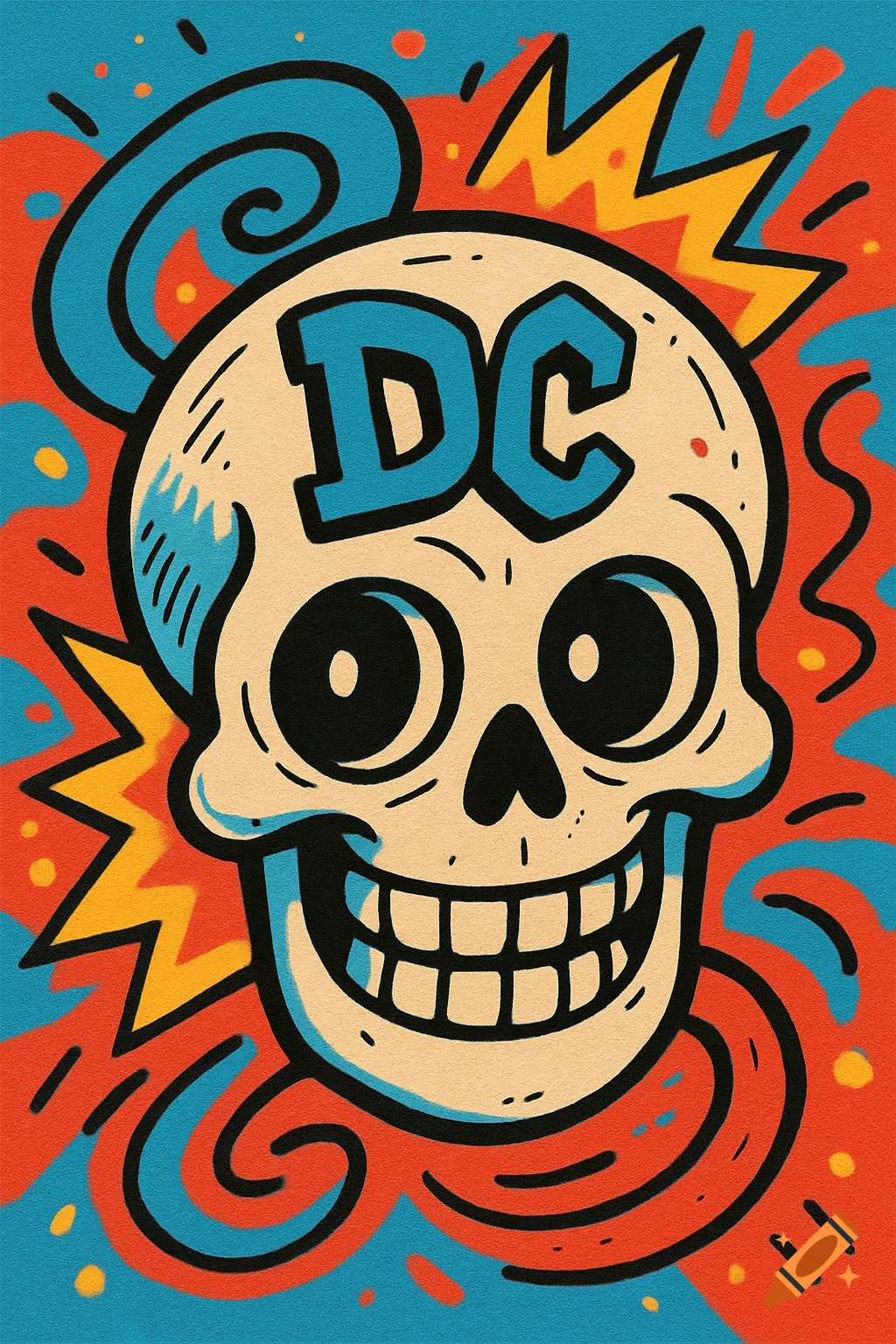 A vibrant pop art cartoon skull with 'DC' on its forehead, smiling amidst colorful abstract shapes and swirls.