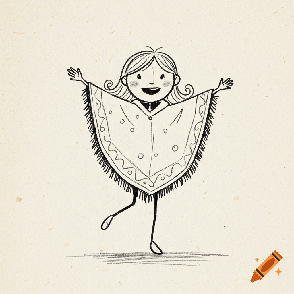 A black and white sketch drawing of a stick figure girl with her arms out, wearing a poncho.