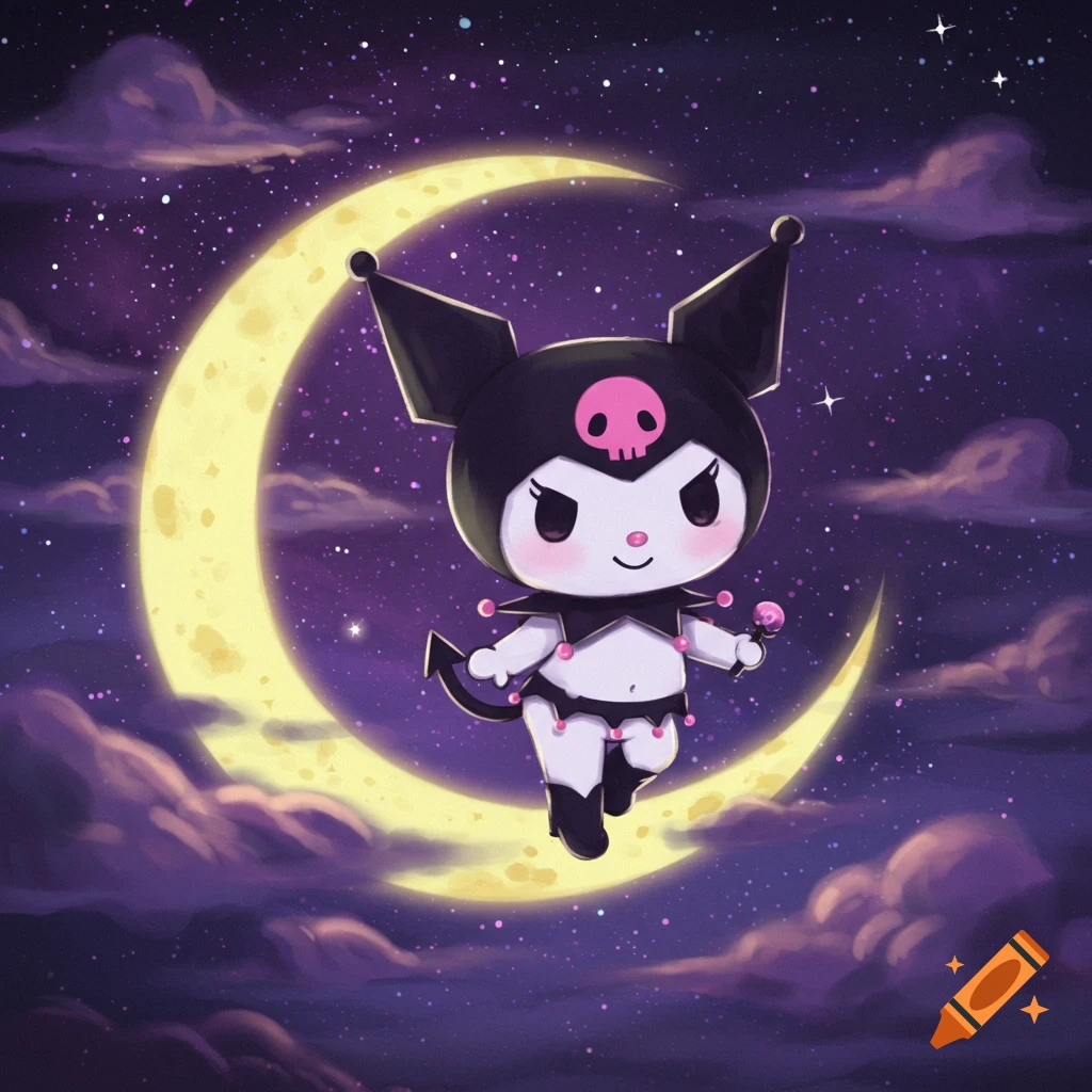 Cute cartoon character Kuromi floats in a starry night sky with a bright crescent moon and purple clouds.