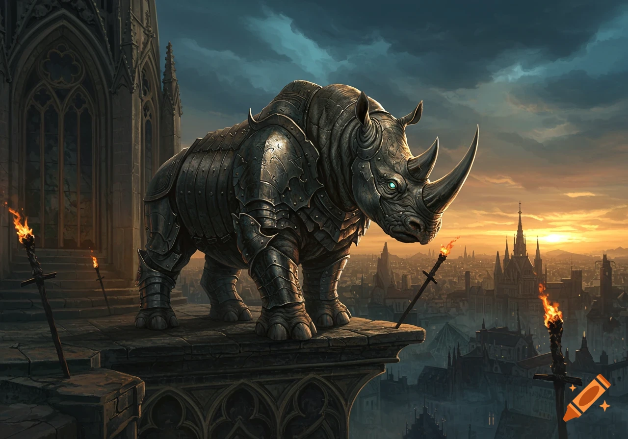 An armored rhino with glowing eyes stands on a gothic building overlooking a fantasy city at sunset.