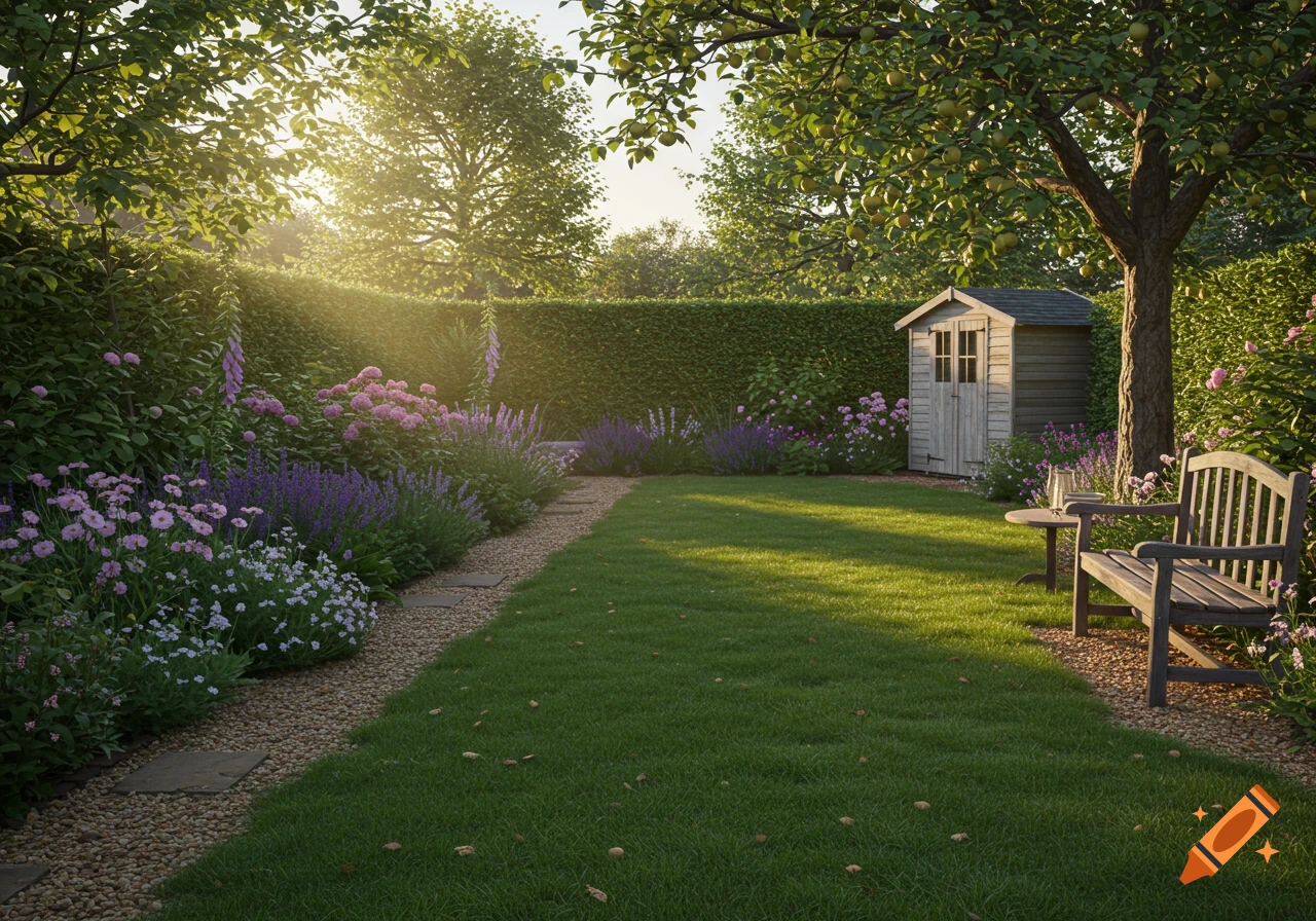A sunny, photorealistic backyard garden with a green lawn, vibrant flowers, a gravel path, a wooden shed, and a wooden bench.