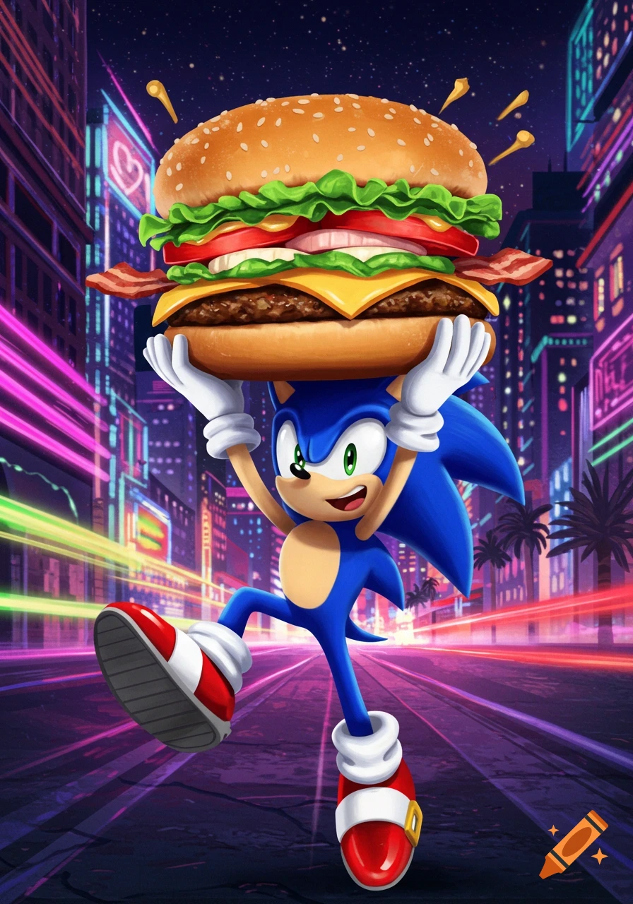 Sonic the Hedgehog joyfully carries a huge bacon cheeseburger down a neon-lit city street at night, in a vibrant cartoon style.