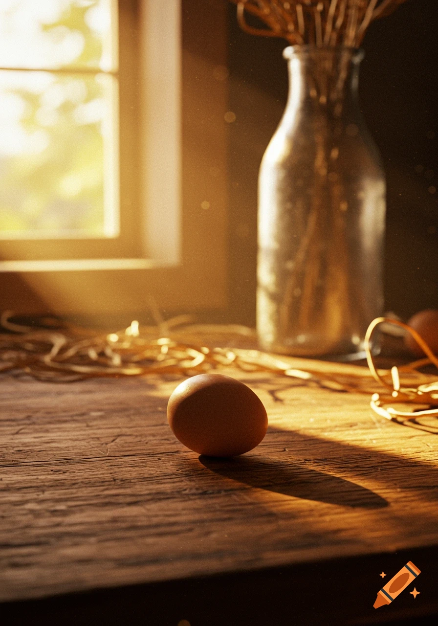 A single brown egg sits on a rustic wooden table, illuminated by golden sunlight streaming through a window.