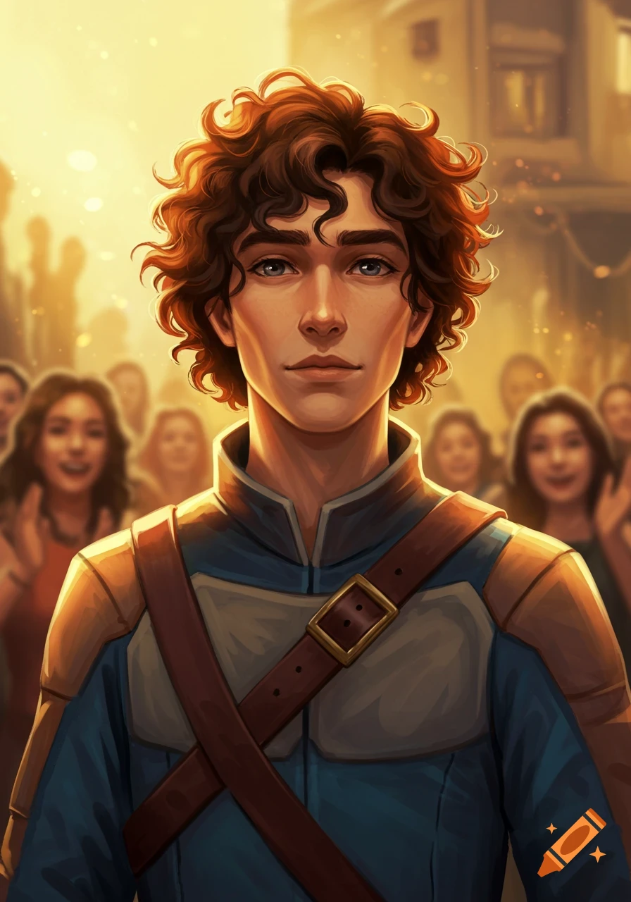 Digital painting of a young man with curly brown hair in a blue and tan tunic, looking forward in a sunny street with a blurred crowd.