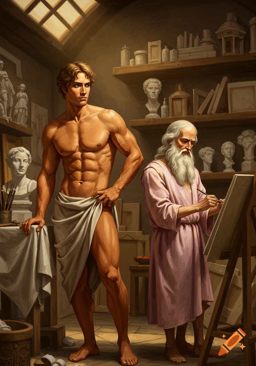 A muscular young man in a white drape poses for an old bearded artist painting in a classical art studio.