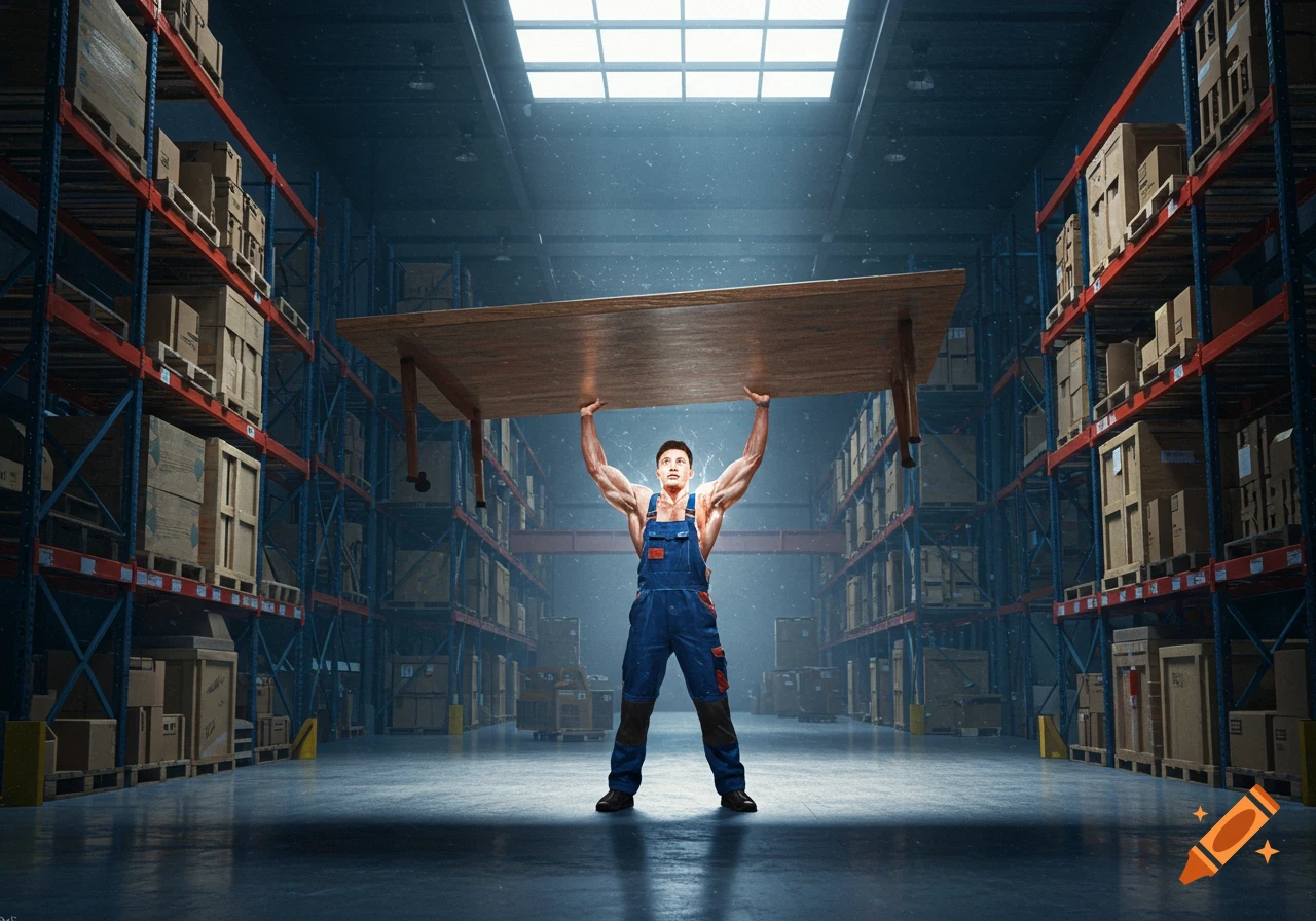 A muscular man in blue overalls lifts a wooden table overhead in a large warehouse.
