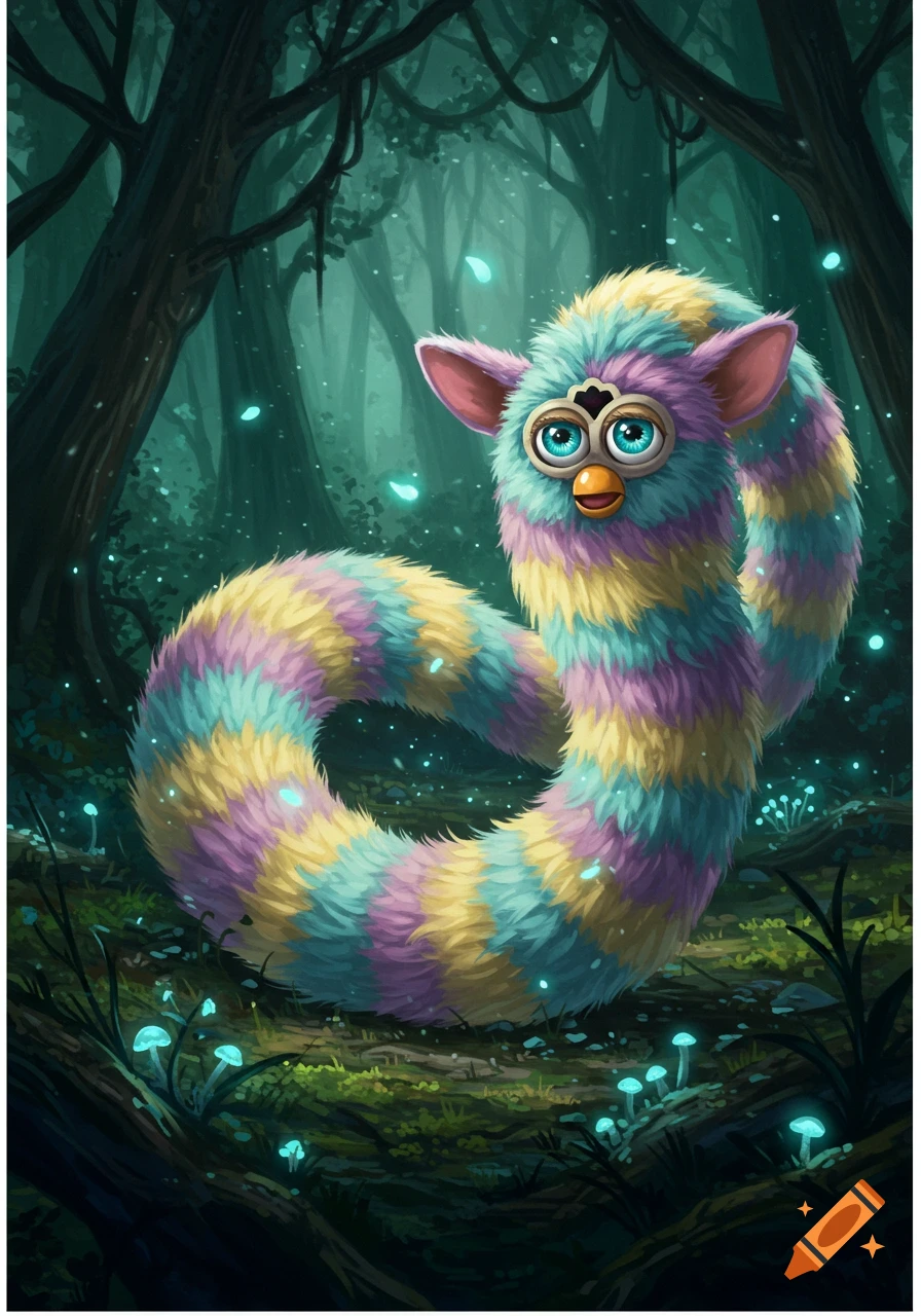A long, colorful Furby-like creature with pastel stripes sits curled in a dark, magical forest with glowing mushrooms and particles.