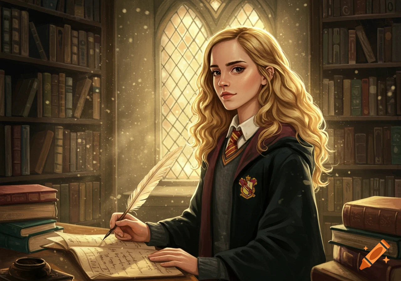 A blonde woman in a Hogwarts uniform writes with a quill in a book in a magical library, digital illustration.