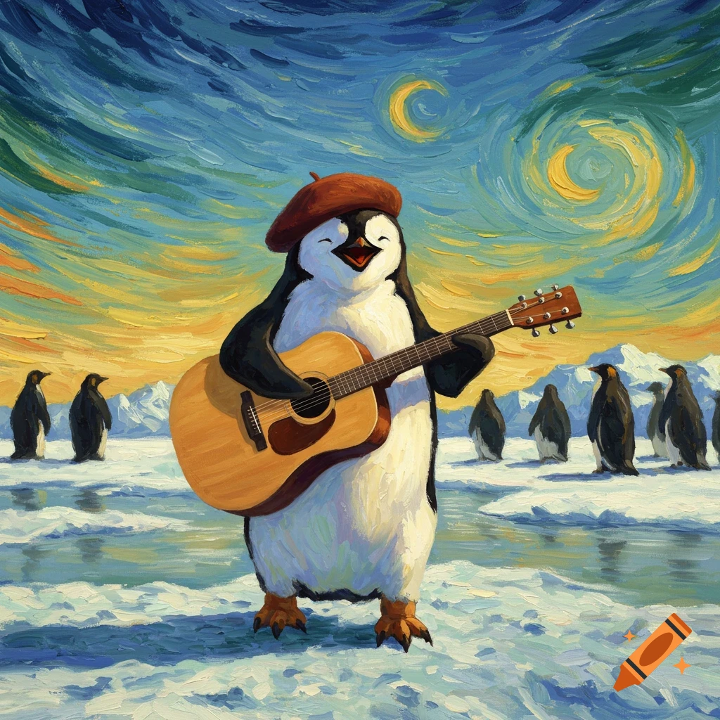 A happy penguin wearing a beret plays an acoustic guitar on an icy landscape under a swirling Van Gogh-style sky.
