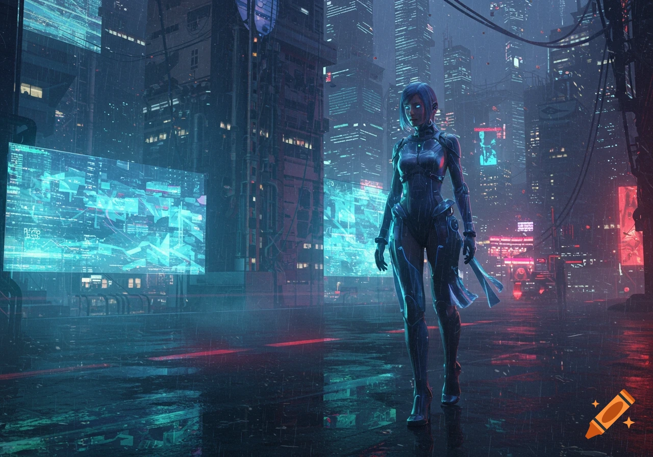 A futuristic woman in a sleek suit stands on a wet street in a rainy cyberpunk city with glowing screens and tall buildings.