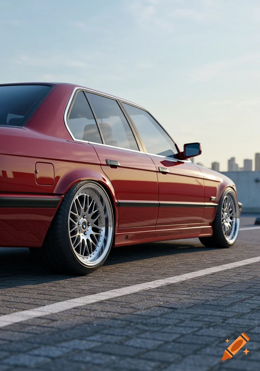 A dark red BMW E34 sedan is parked on a paved lot with a city skyline in the background, showing custom multi-spoke wheels.