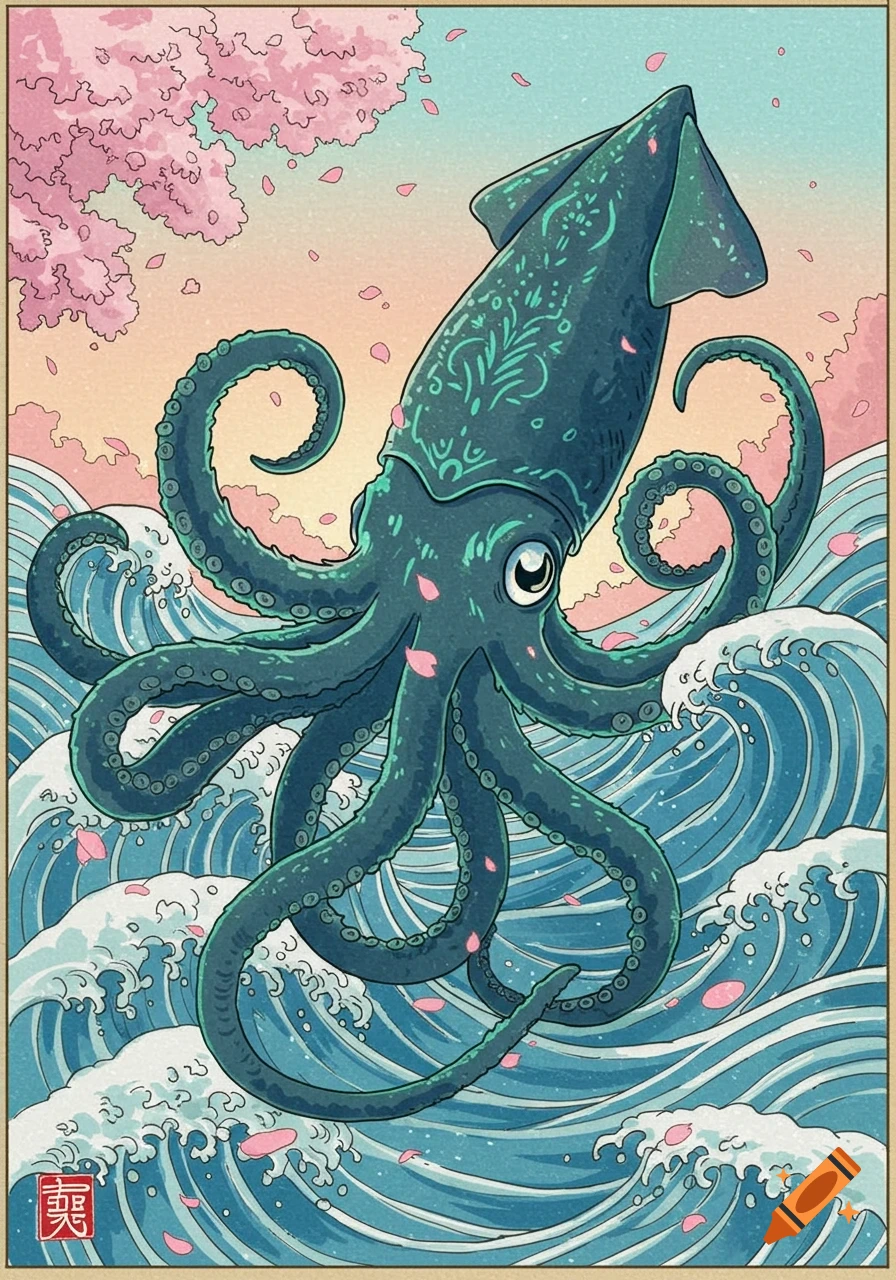 A stylized dark teal squid with ornate patterns emerges from blue ocean waves under a pink cherry blossom sky, in ukiyo-e style.