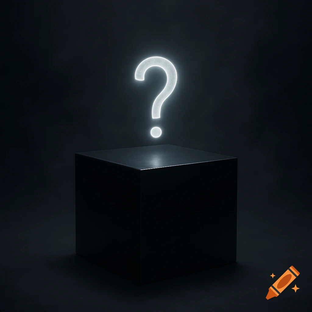 A glowing white question mark hovers above a dark, reflective black cube in a minimalist setting.