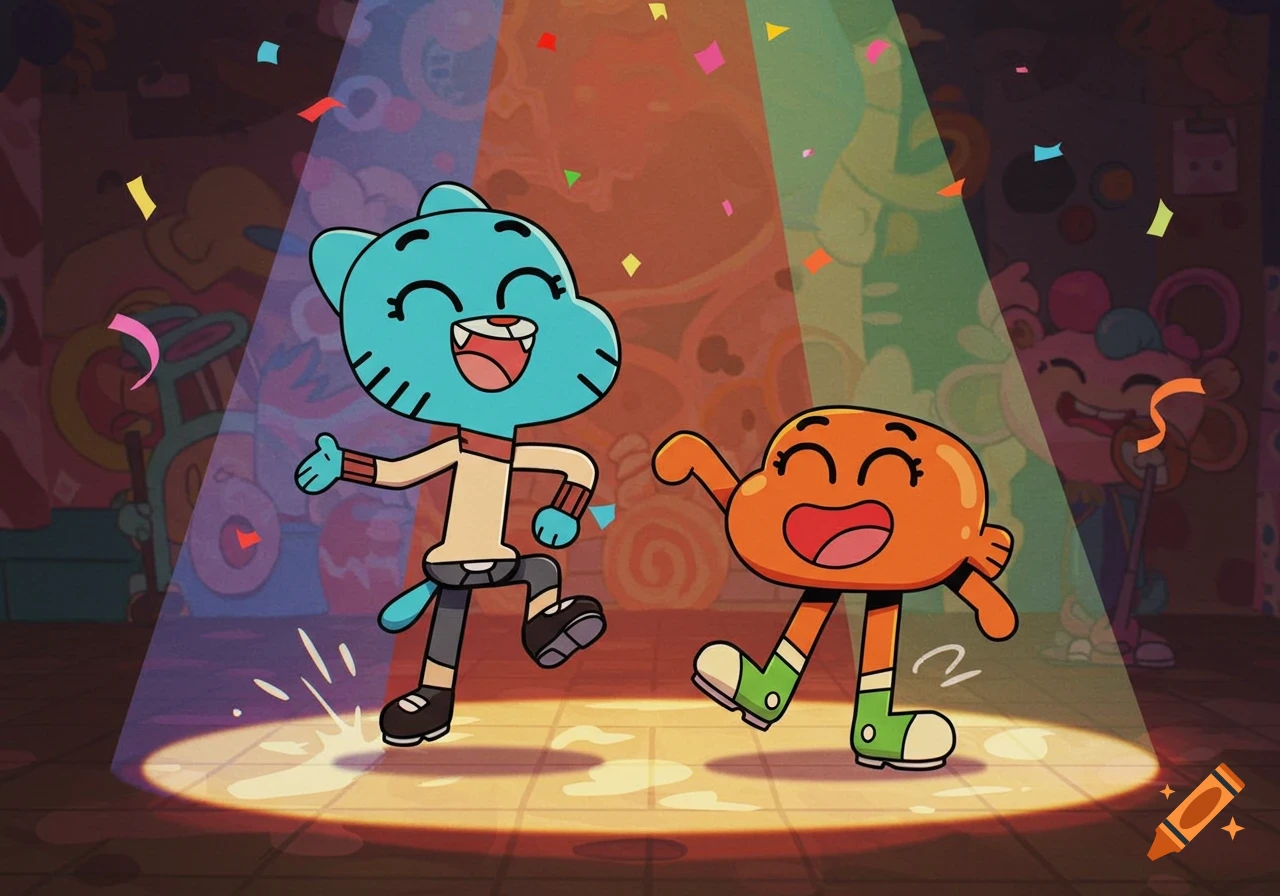 Gumball and Darwin from TAWOG happily dance under colorful spotlights, with confetti falling around them in a vibrant, cartoonish style.