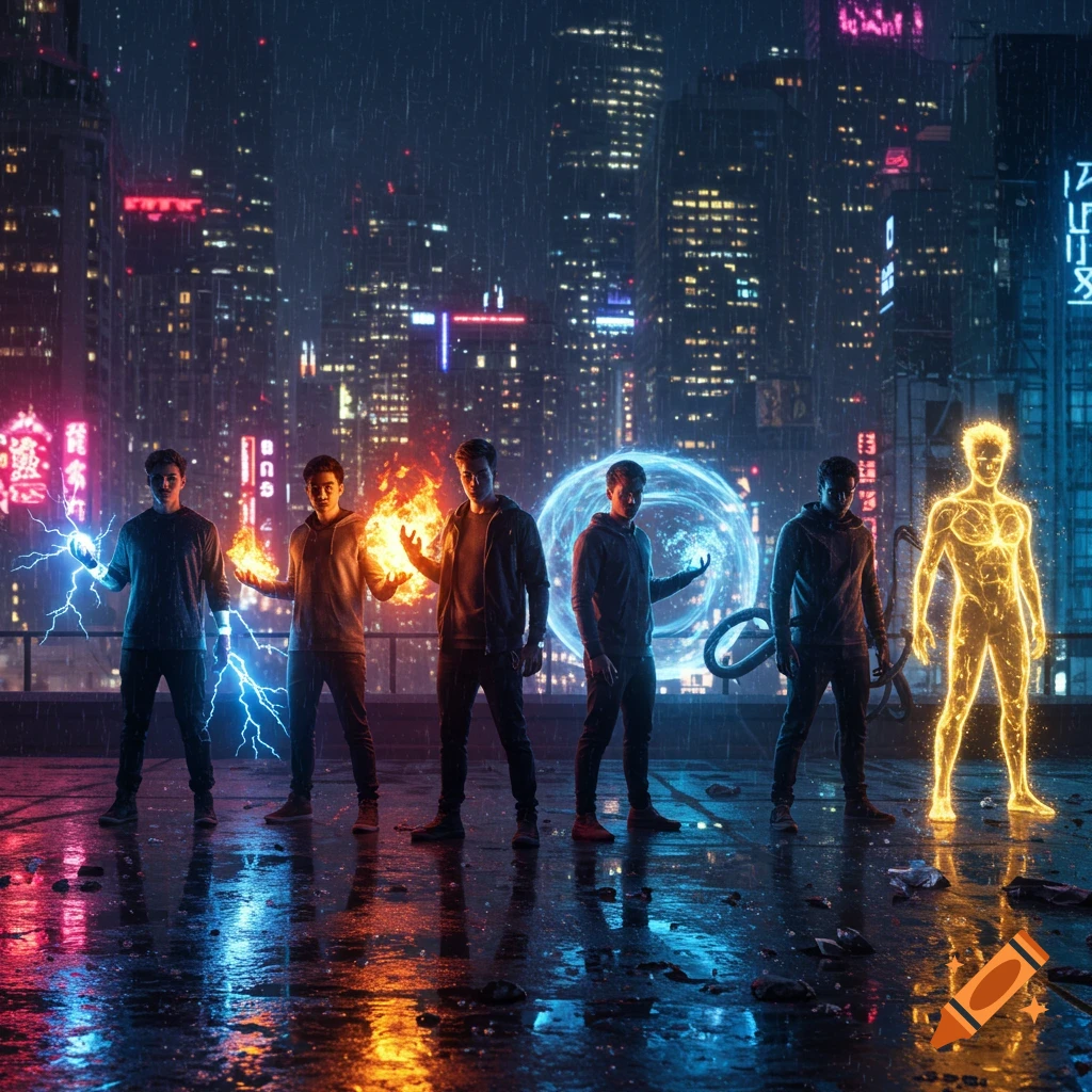 Six young men with powers (lightning, fire, energy sphere, glowing aura) on a rainy futuristic city rooftop at night.