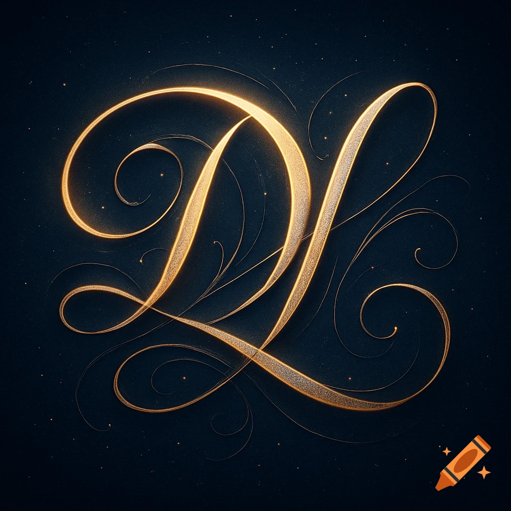 Golden, sparkling calligraphic letters D and L intertwining on a dark, star-dusted background.