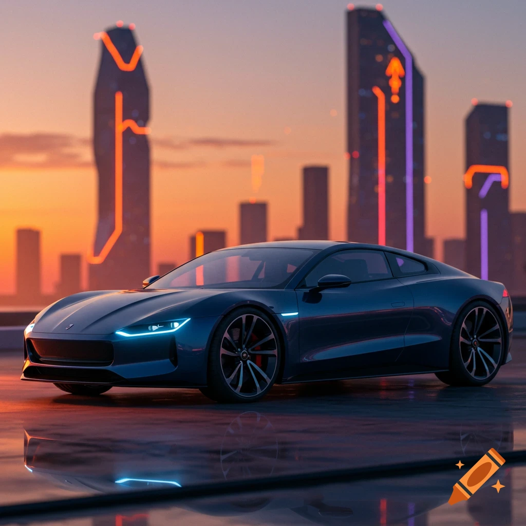 A sleek dark blue futuristic sports car with glowing headlights on a wet surface, reflecting neon-lit skyscrapers at sunset.
