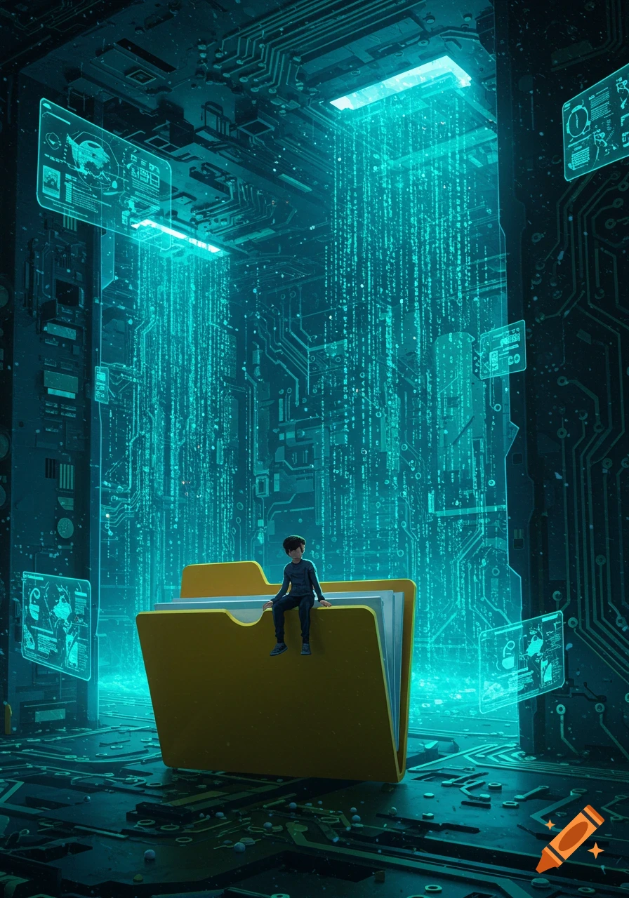 A small person sits on a giant yellow folder in a dark, glowing blue data server room with circuit board walls and falling code streams.