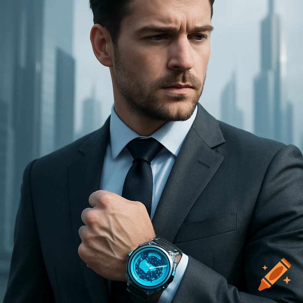 A man in a dark suit and light blue shirt checks a glowing futuristic watch on his wrist, with a blurred city skyline background.