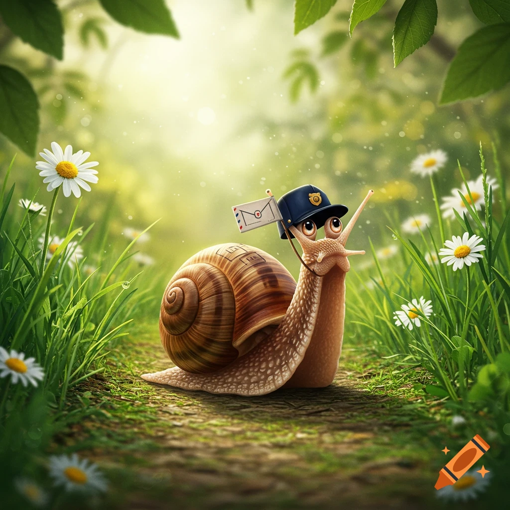A whimsical cartoon snail wearing a mailman's hat holds a tiny letter while moving along a dirt path in a sunny field with daisies.