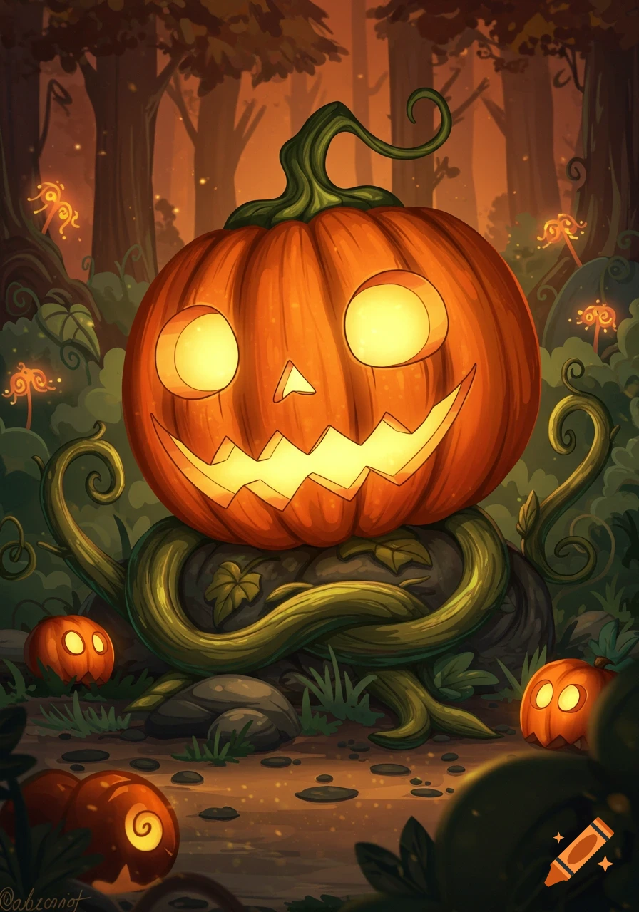 A whimsical, glowing jack-o'-lantern with a wide grin sits among vines and smaller pumpkins in a dark, stylized forest.