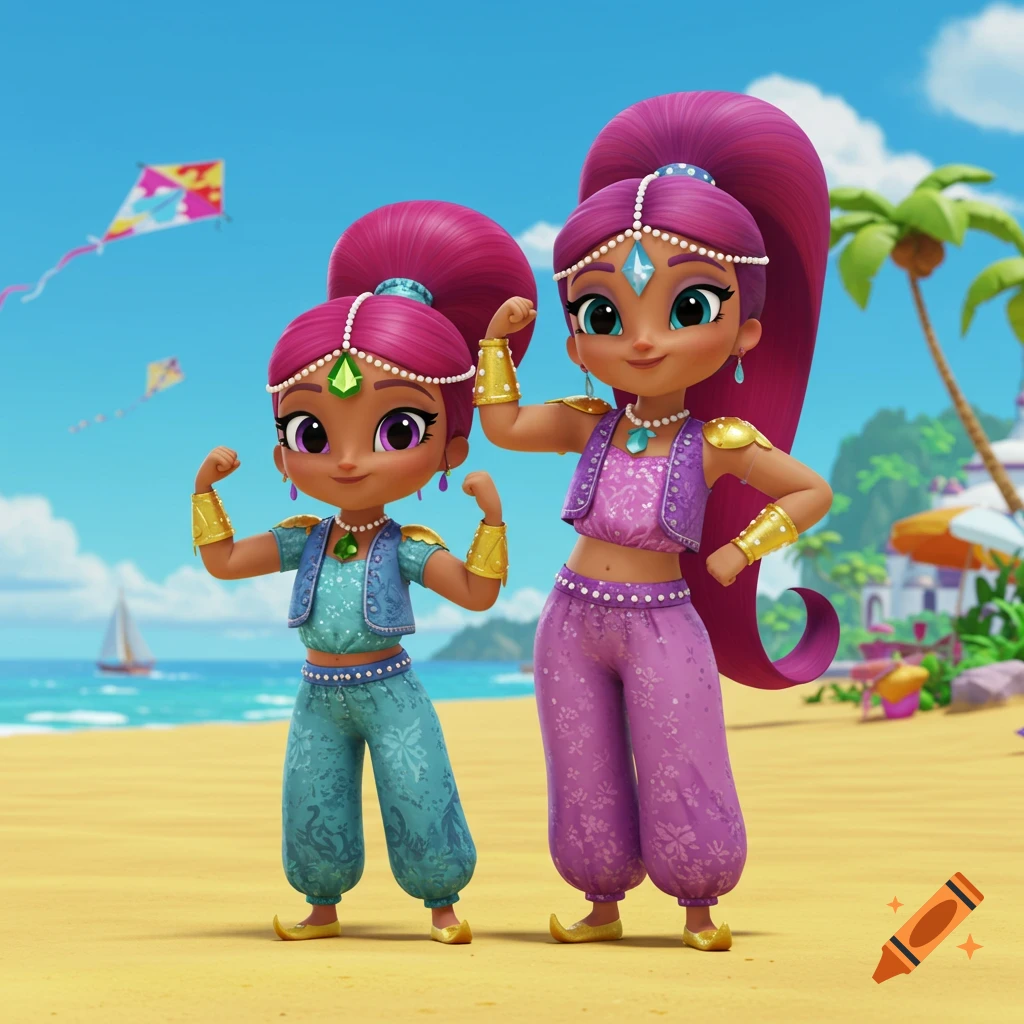 Two animated genies, one taller and one shorter, resembling Shimmer and Shine, flex their biceps on a sunny beach.