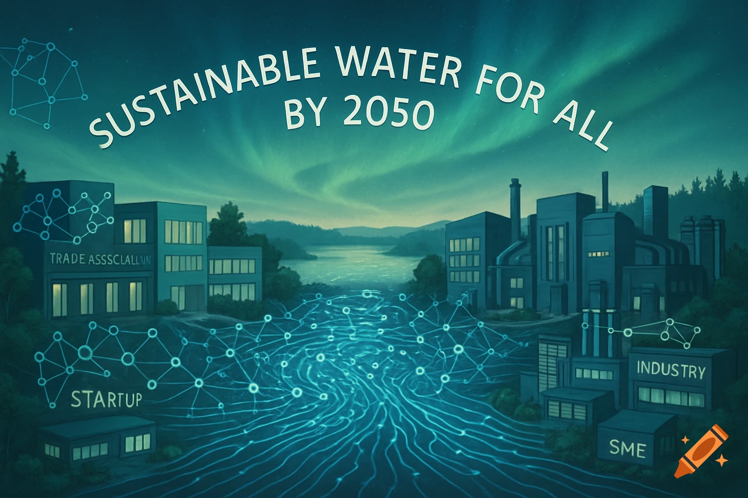 Conceptual illustration of a sustainable water project with glowing data lines connecting buildings in an urban landscape under aurora borealis. Text: "SUSTAINABLE WATER FOR ALL BY 2050"