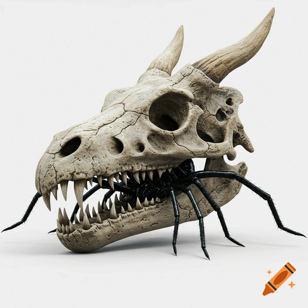 A detailed dragon skull with prominent horns and sharp teeth, from which black spider legs emerge, on a white background.