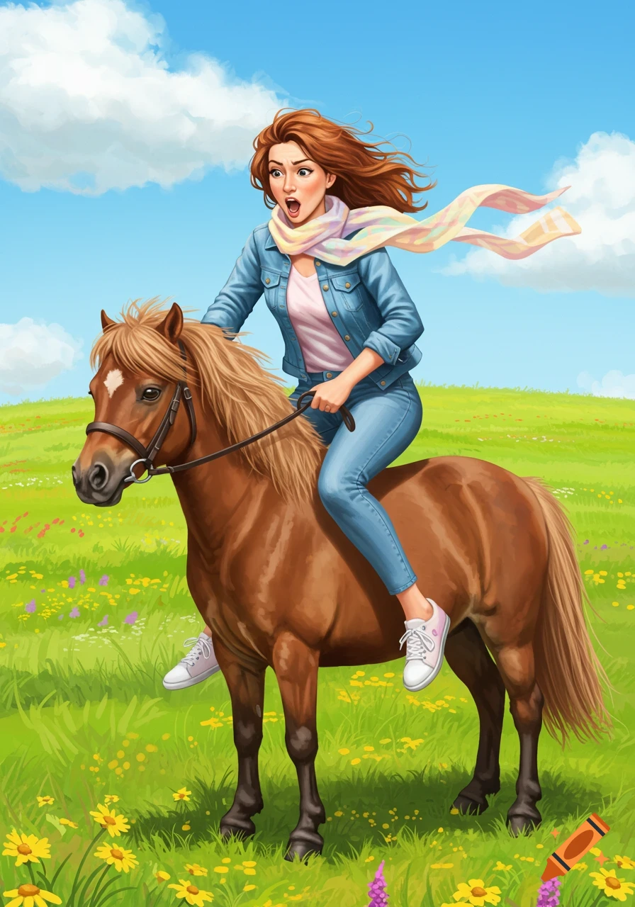 Cartoon illustration of an alarmed woman with red hair riding a small brown pony through a field of wildflowers under a blue sky.