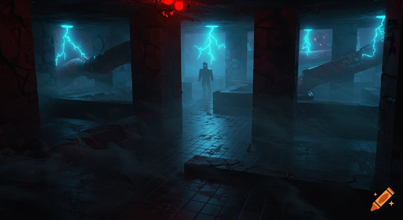 Stylized horror scene of a shadowy figure in a dark, foggy labyrinth with red tentacles and blue lightning.
