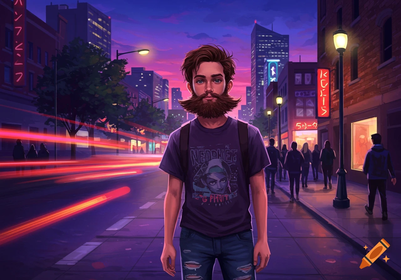 A stylized illustration of a young man with a bushy beard standing on a city street at dusk, with neon signs and blurred red traffic lights in the background.