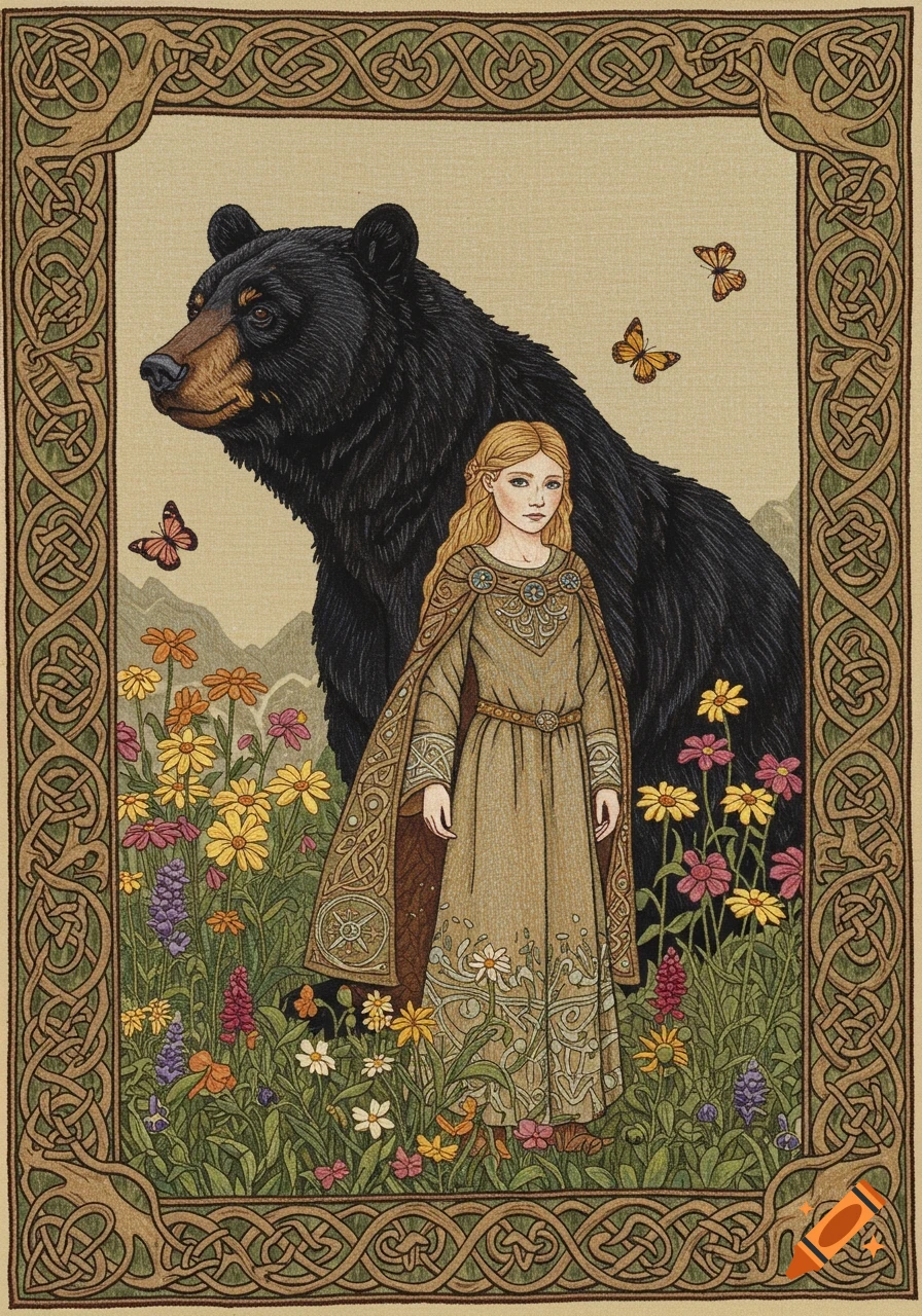 A medieval/Gaelic-inspired tapestry illustration of a girl and a black bear in a field of wildflowers, framed by a Celtic knot border.