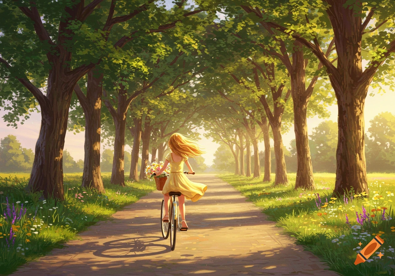 A girl in a yellow dress rides a bicycle with a basket of flowers down a sunny, tree-lined path. Illustration.