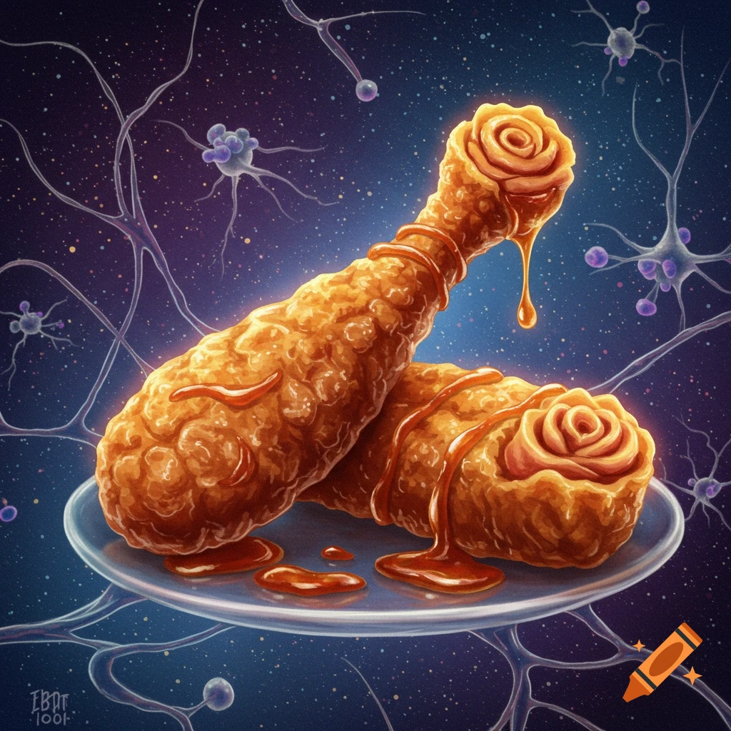 Two crispy fried chicken drumsticks with rose-shaped ends, drizzled with sauce, on a plate against a blue space background with stylized neurons.