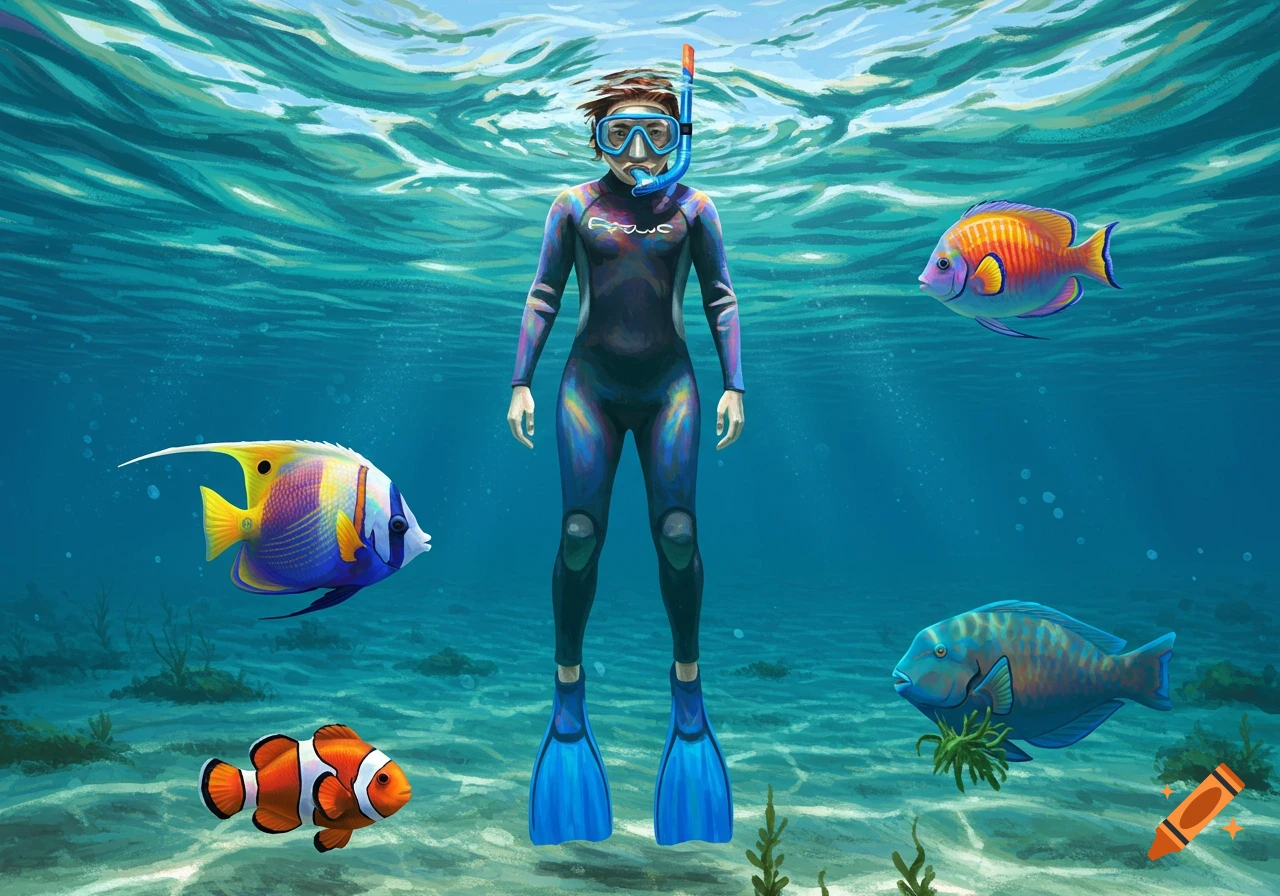 Digital illustration of a person in a wetsuit, snorkel, and fins, standing underwater surrounded by colorful tropical fish.
