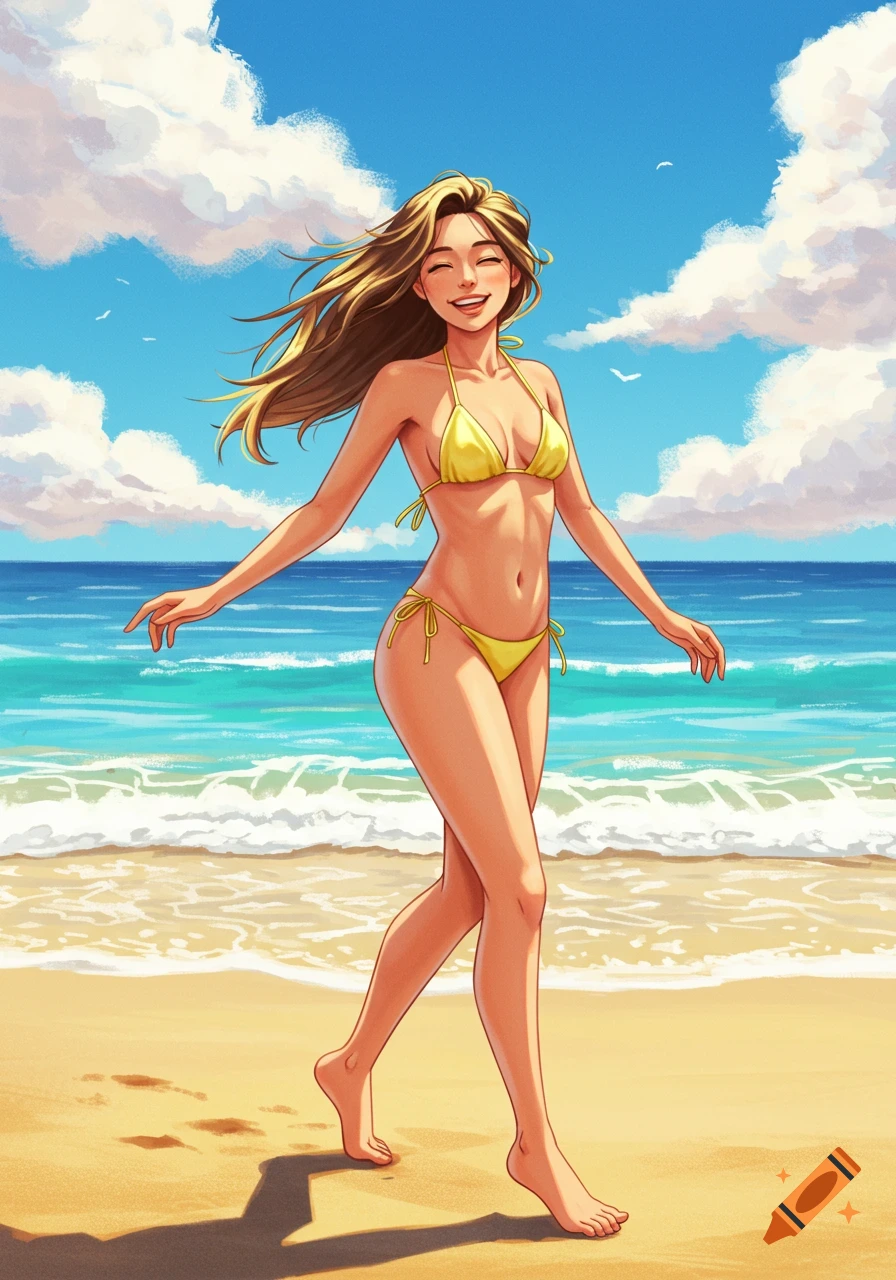 An anime-style illustration of a smiling young woman with long blonde hair walking on a sunny beach in a yellow bikini.