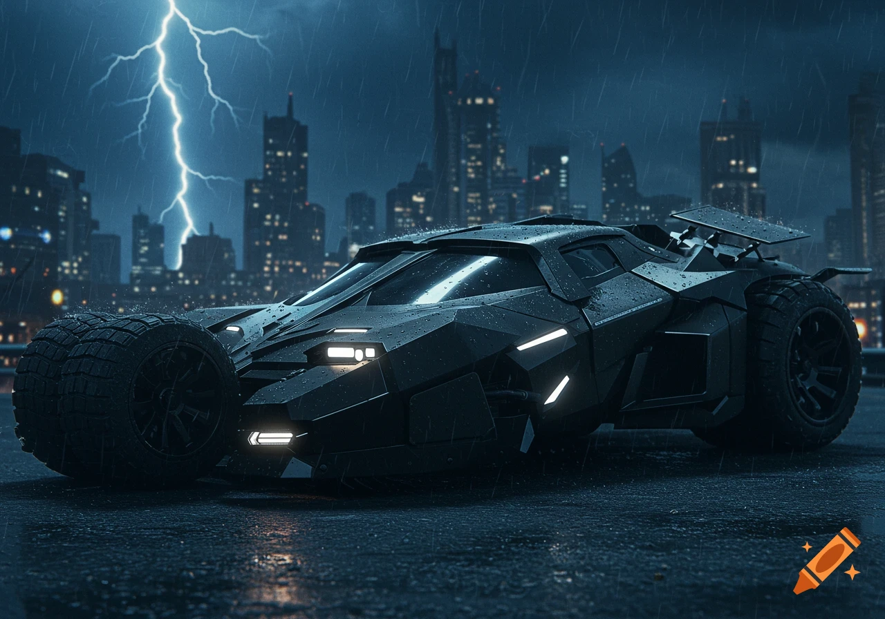 A dark, futuristic car resembling the Batmobile is parked on a wet street in a rainy city at night, with a lightning strike in the sky.